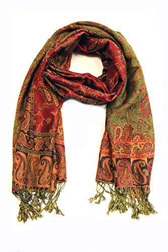 Green paisley pashmina shawl with red and gold motifs and fringed ends