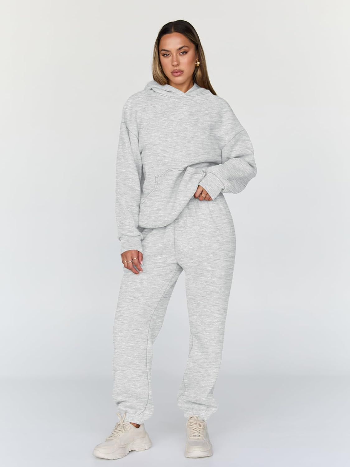 Light gray hooded sweatshirt and matching jogger pants lounge set, full-length view