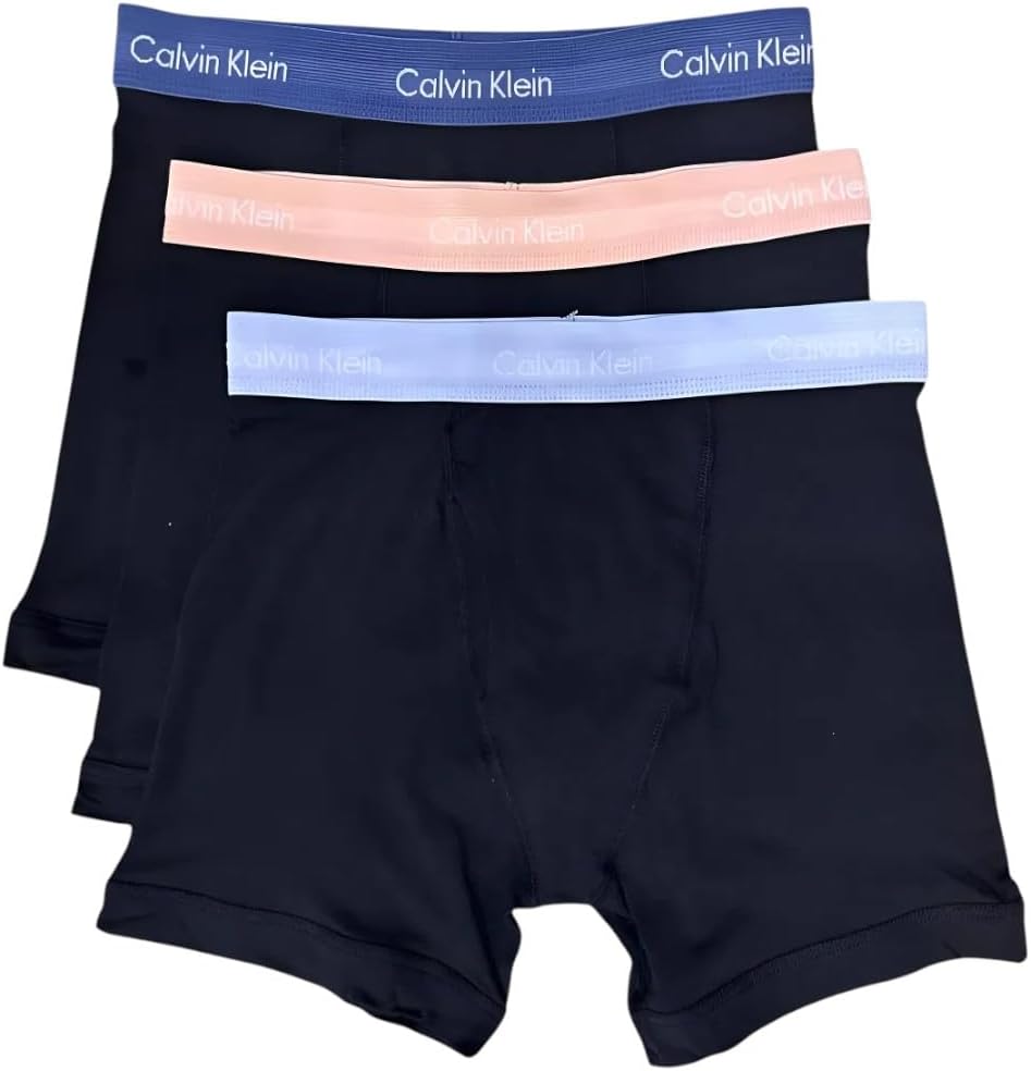 Men's Calvin Klein cotton stretch boxer briefs, dark navy 3-pack with blue and pink waistbands