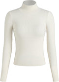 Ivory mock turtleneck knit top with long sleeves, slim fitted ribbed texture.