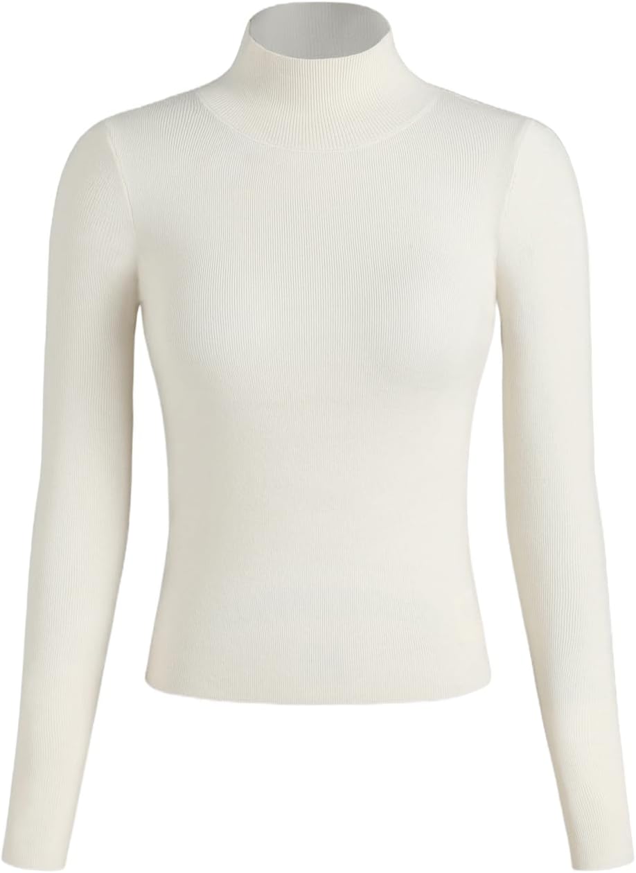 Ivory mock turtleneck knit top with long sleeves, slim fitted ribbed texture.
