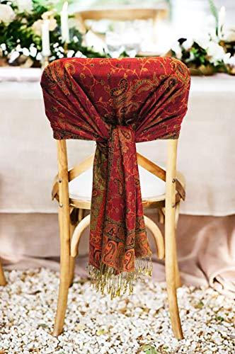 Double-layer jacquard paisley pashmina shawl in deep burgundy with gold fringe ends