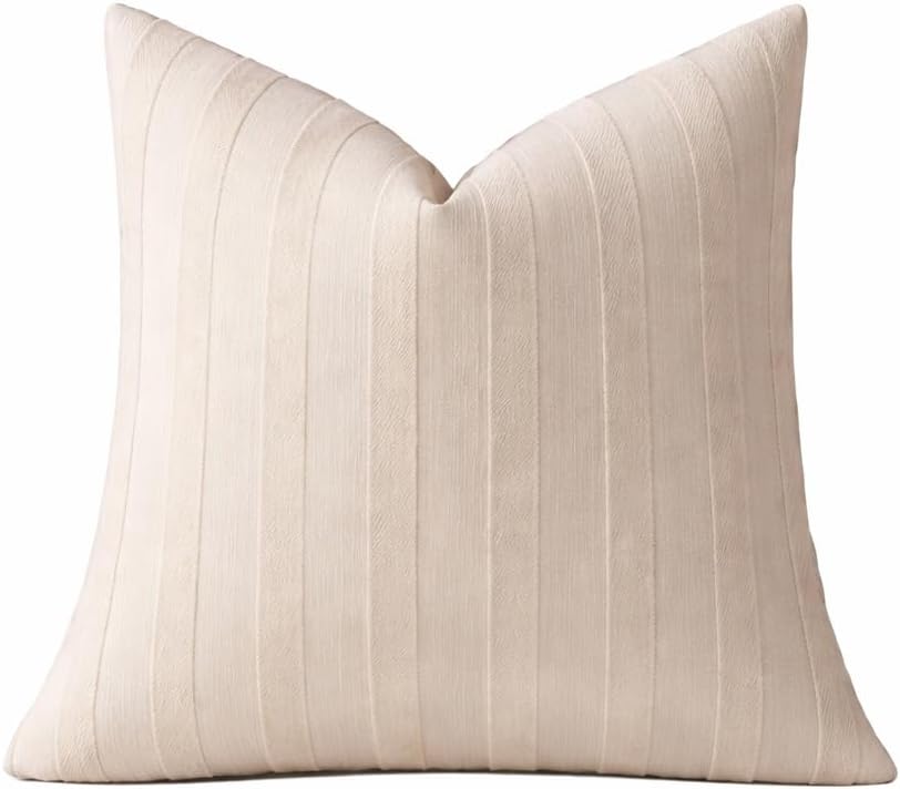 Light beige striped throw pillow cover, single square view with knife-edge seams.