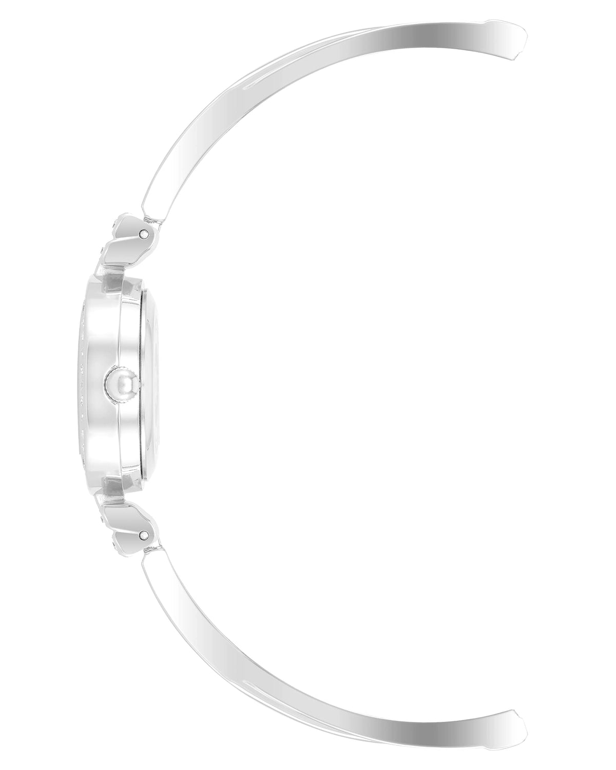 Silver-tone crystal bangle watch with bracelet detail, open side view