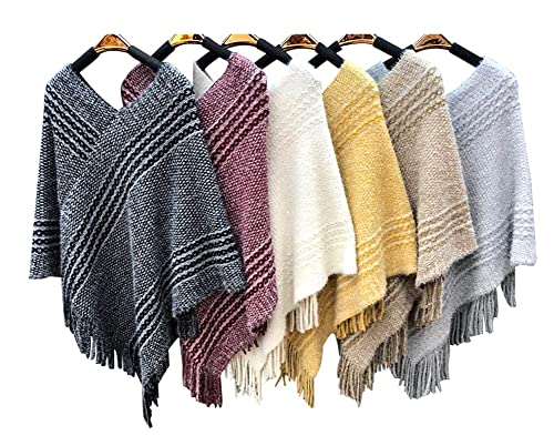 Striped knit V-neck ponchos with fringe tassels in black, burgundy, cream, yellow, and gray