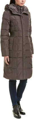 Women's long quilted puffer coat, dark brown with hood and side pockets