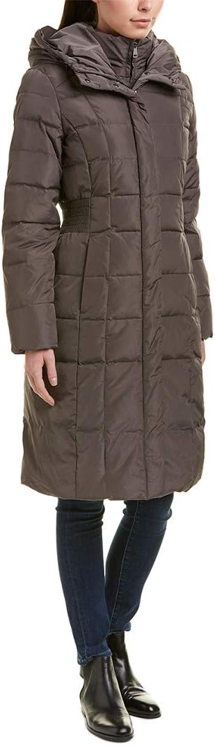 Women's long quilted puffer coat, dark brown hooded full-length quilted shell
