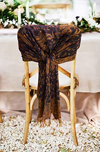 Double-layer jacquard paisley pashmina shawl in dark navy with gold fringe trim