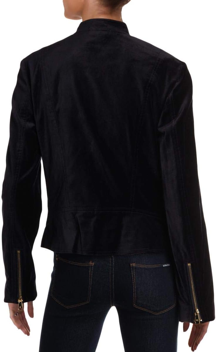 Women’s velvet motorcycle jacket, back view with stand collar and gold zip hardware