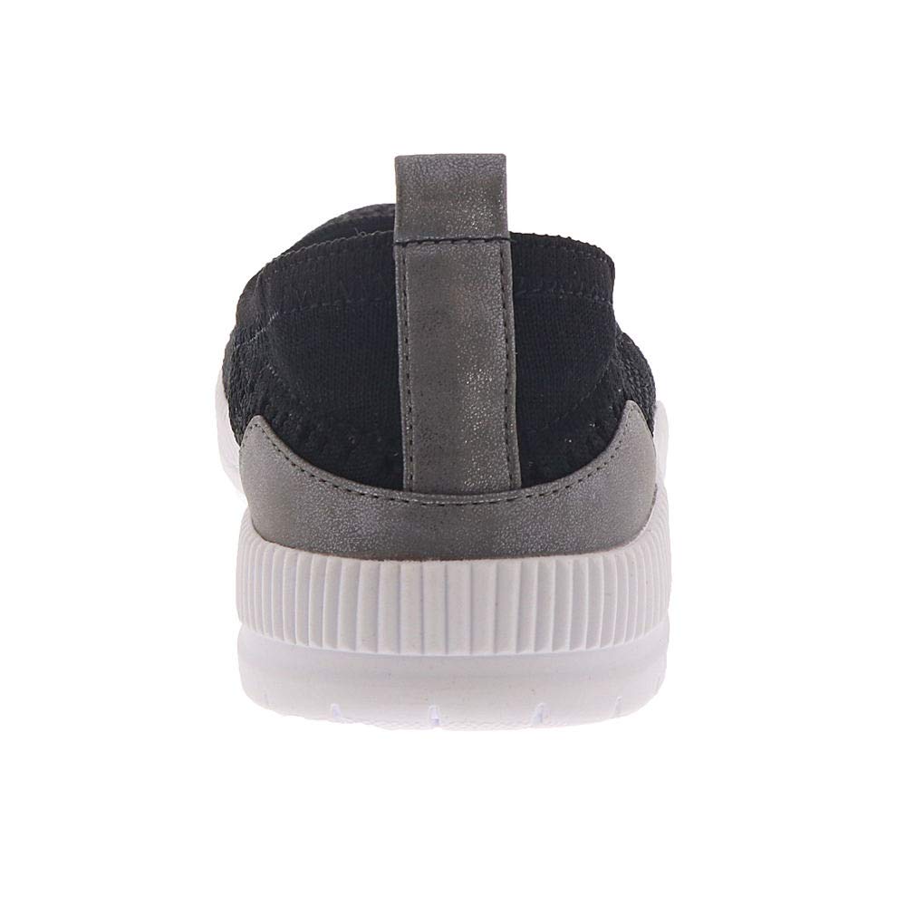 Women's slip-on sneaker back view with black upper, gray heel patch, and white platform sole
