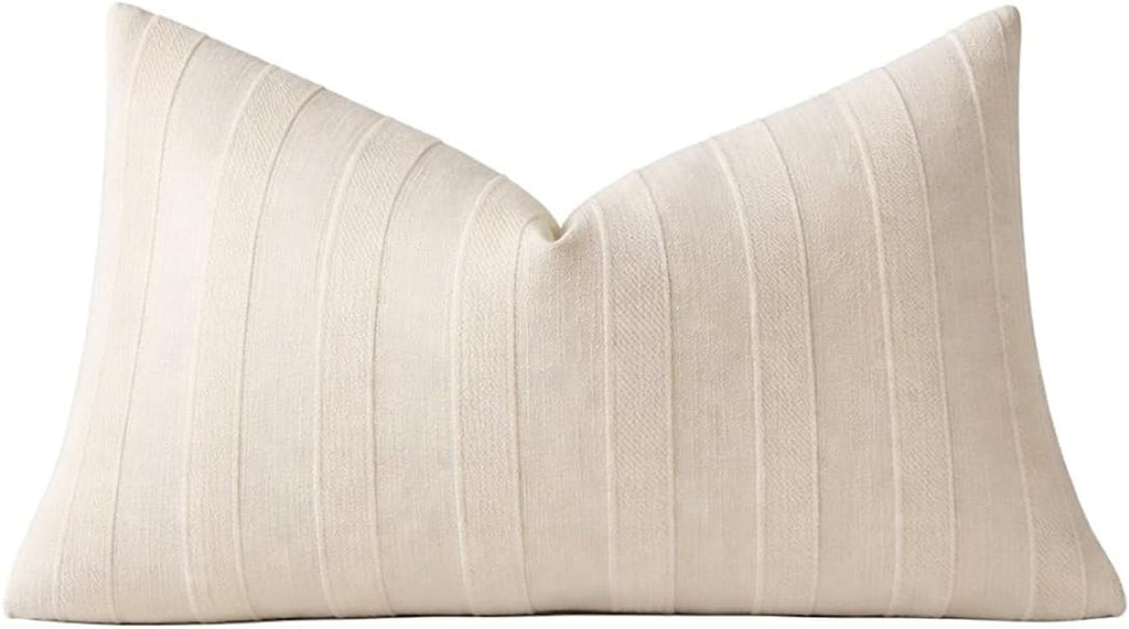 Light beige textured throw pillow cover with vertical stripes, 18 x 18 in