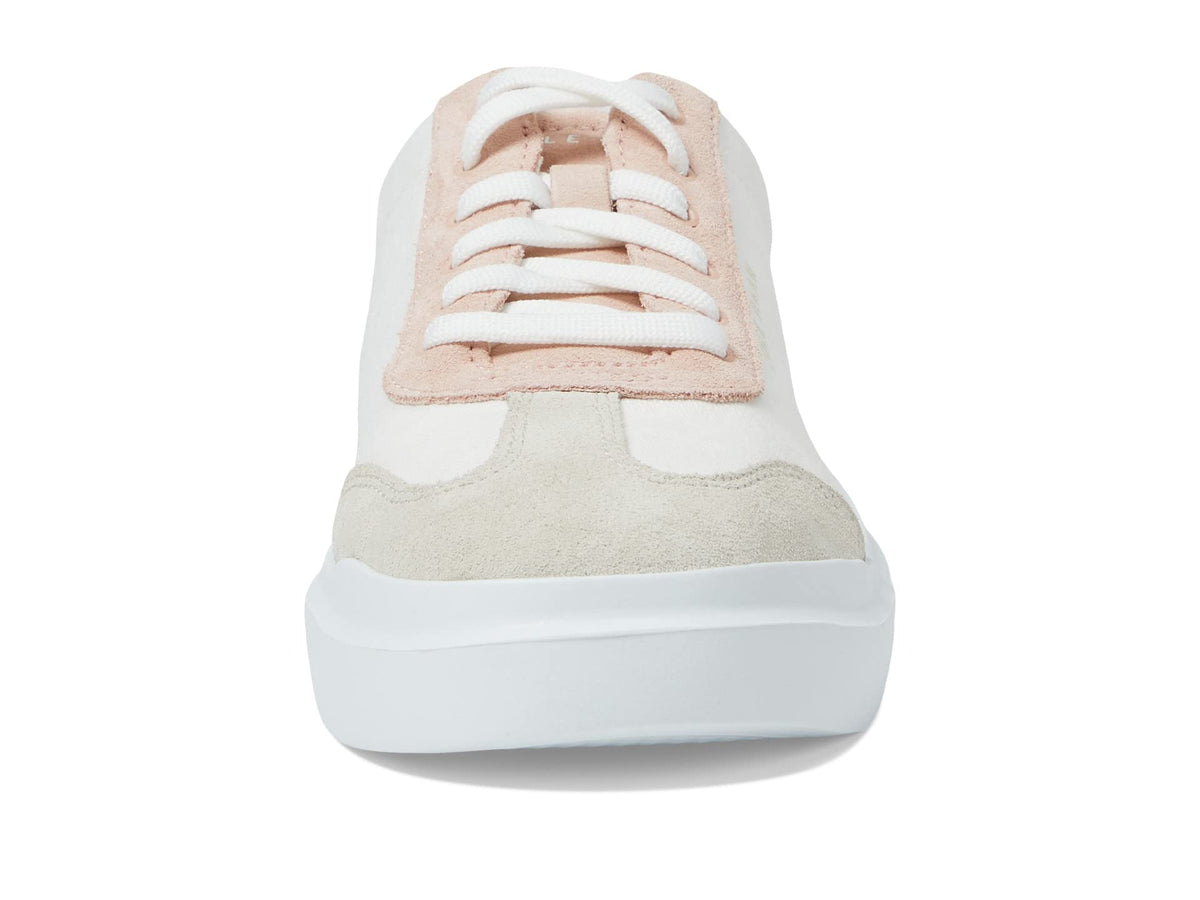 Women's canvas T-toe sneaker front view with lace-up in tan, white and blush pink