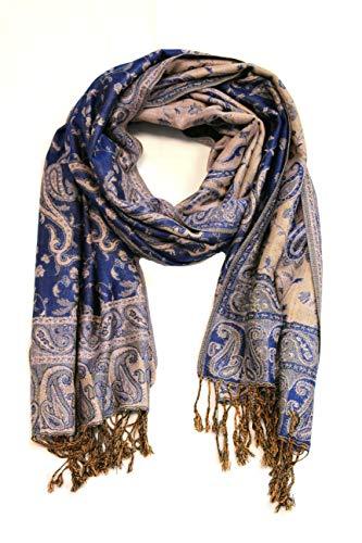 Blue paisley pashmina shawl with fringe tassels, paisley medallion pattern.