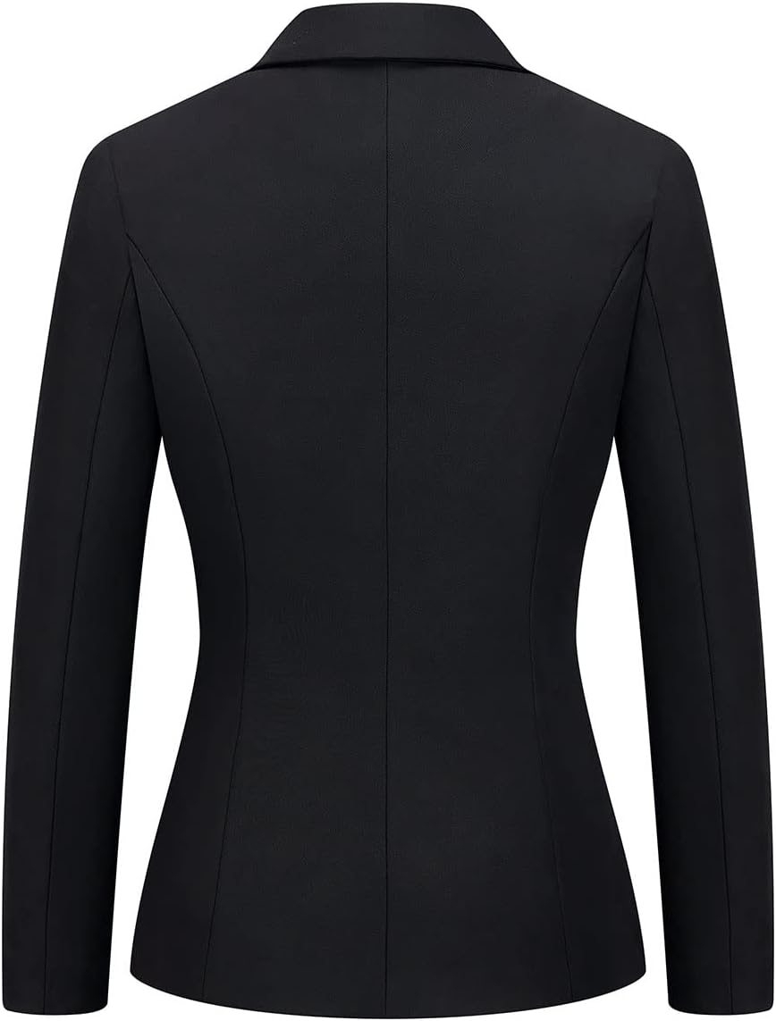 Women's black blazer back view, tailored seam and long sleeves