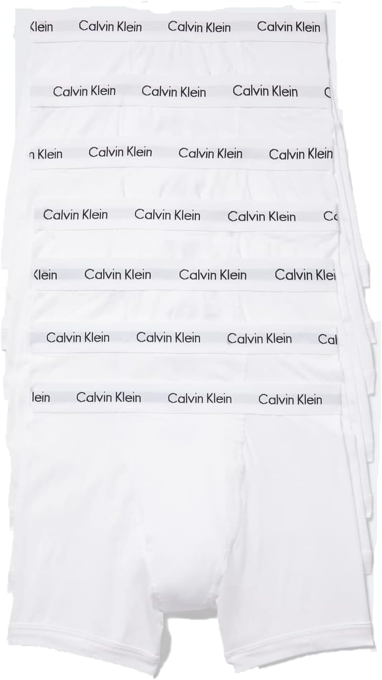 Men's Calvin Klein cotton stretch boxer briefs, white 7-pack with repeating logo waistband