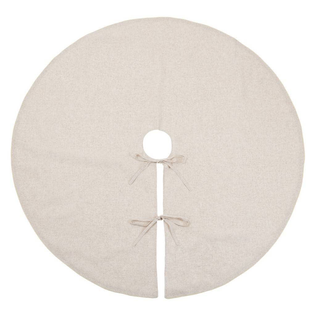 Natural linen blend round Christmas tree skirt with center cutout and ties