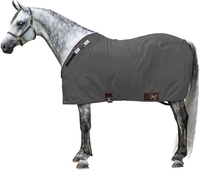 Horse stable sheet in dark gray with front closures and surcingle straps