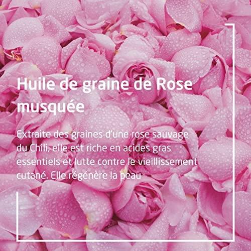 Pink rose seed oil promotional graphic with rose blossoms background
