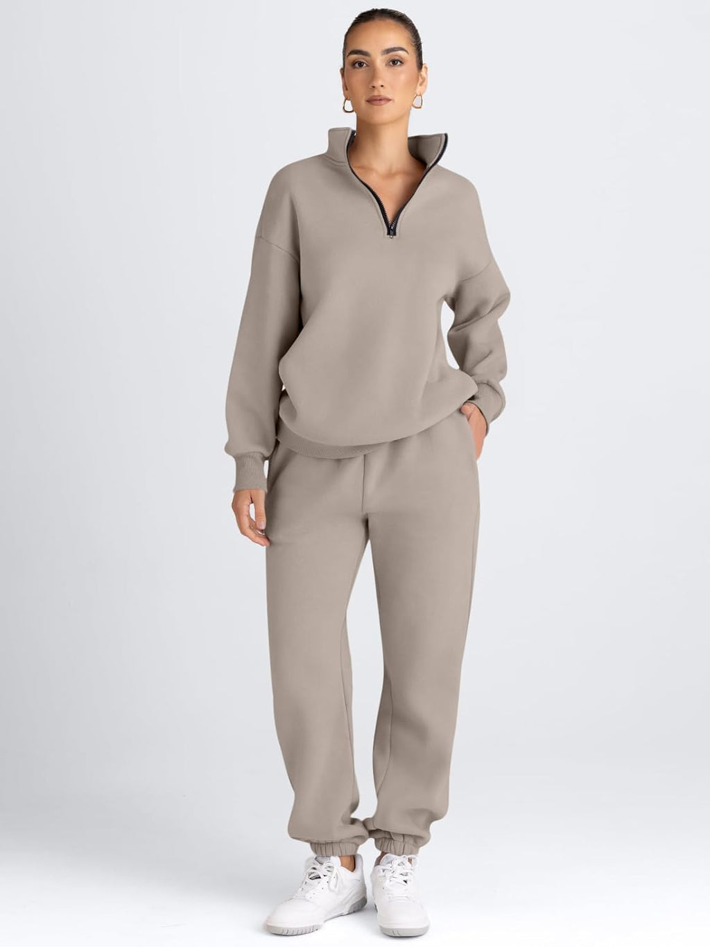 Women’s taupe half-zip pullover and jogger sweatpants lounge set, standing