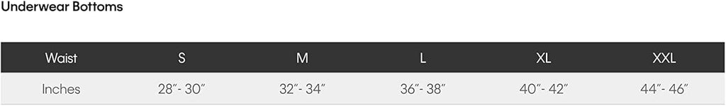 Size chart for men's underwear bottoms: waist sizes S–XXL in inches