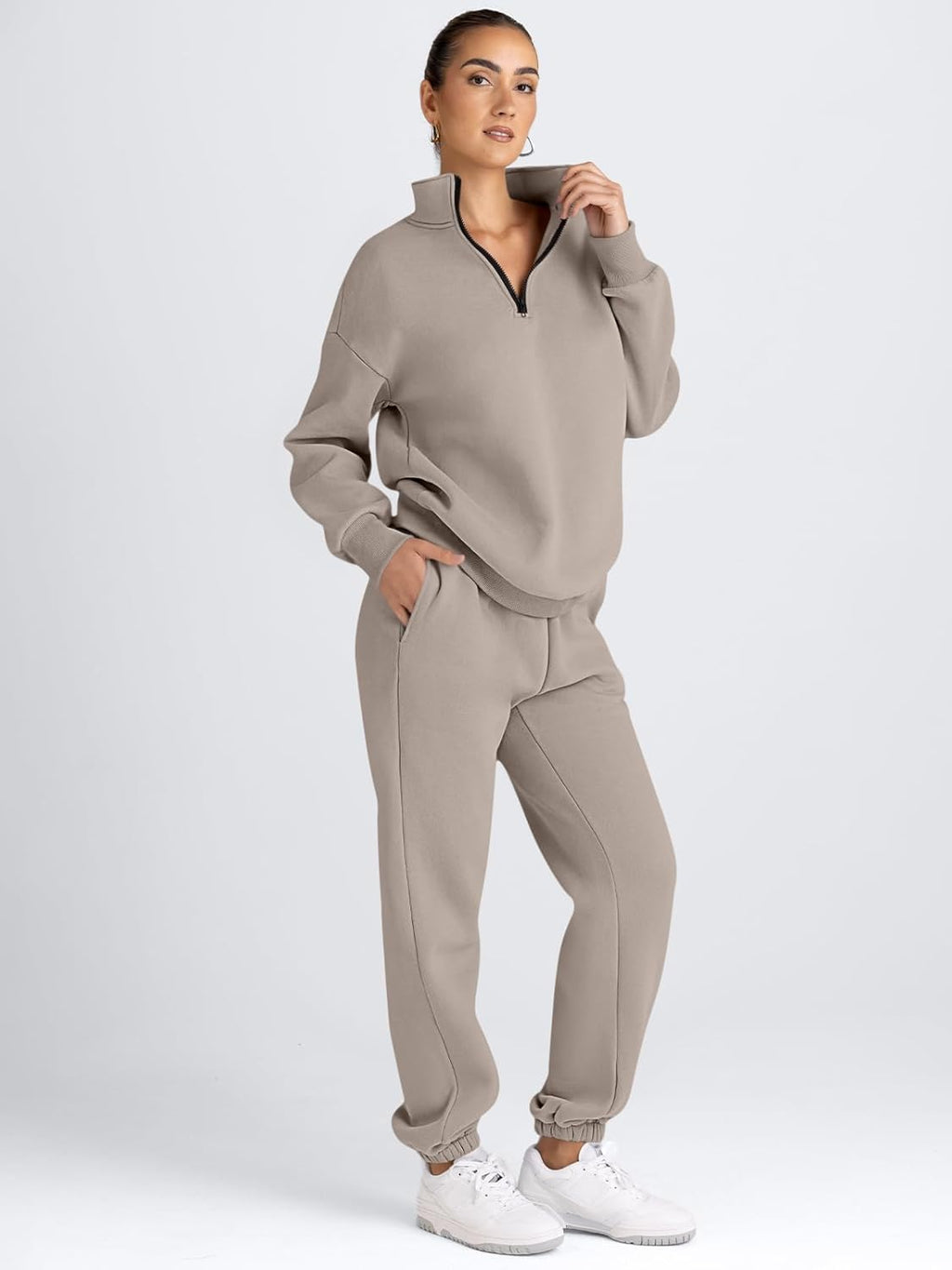 Women’s taupe half-zip pullover and jogger sweatpants lounge set, side pose