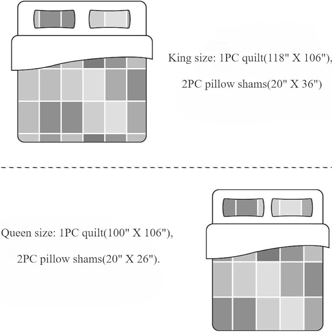 King and Queen bedding set size diagram for quilt and pillow shams