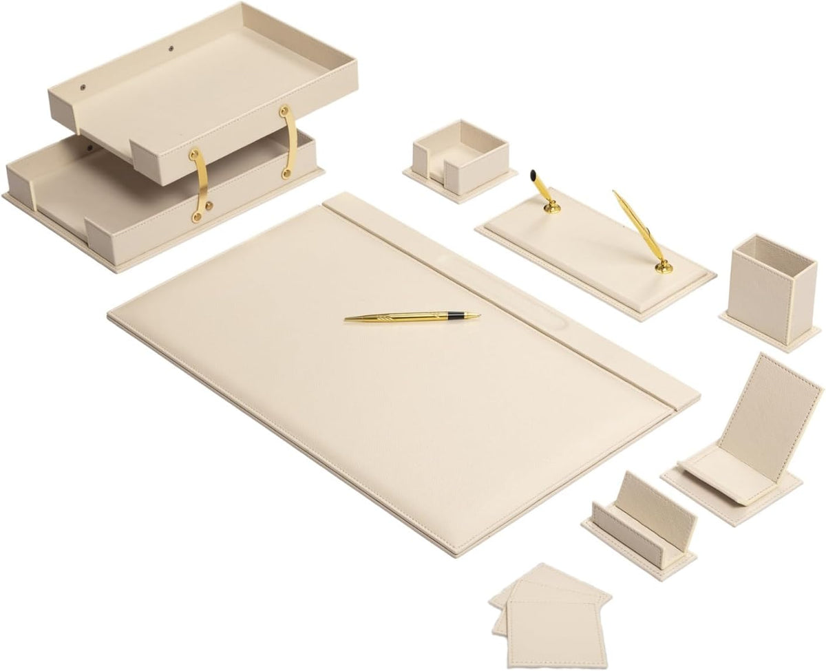 Cream desk organizer set with stackable holders, letter tray, and document mat