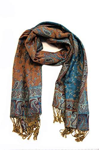 Teal and rust paisley pashmina shawl with fringed ends, looped around neck