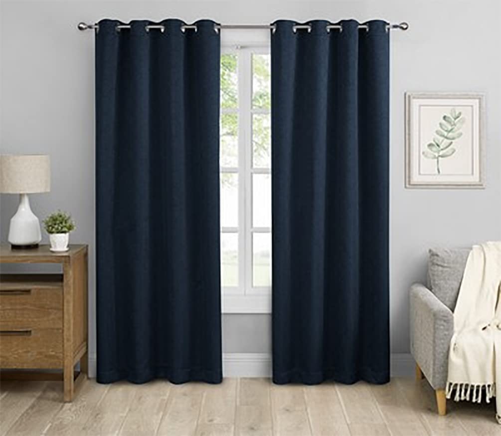 Navy blackout window curtains, 2 grommet-top panels, full-length with textured vertical finish.