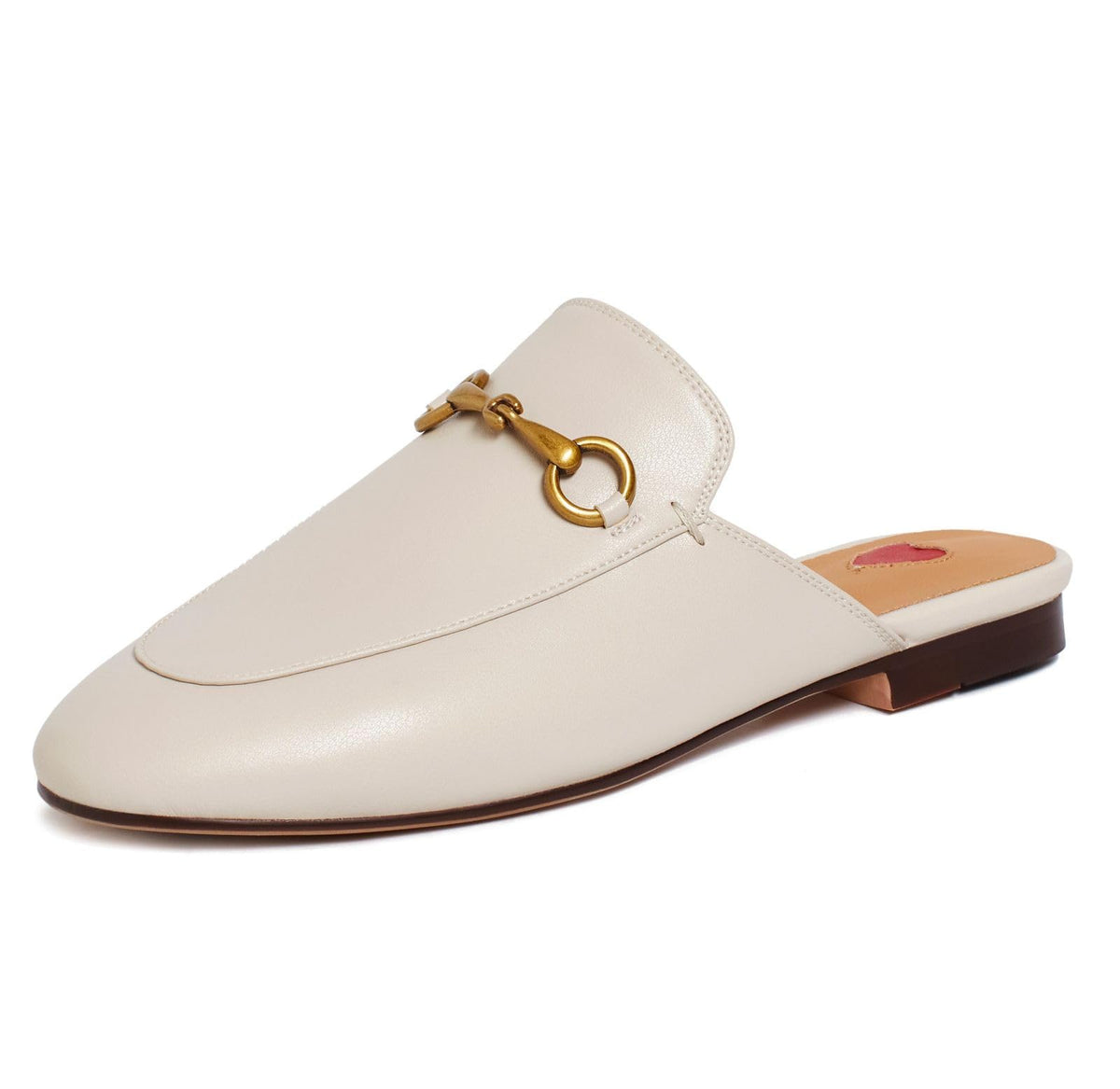 Ivory leather mule loafer with gold metal buckle detail, low heel slip-on