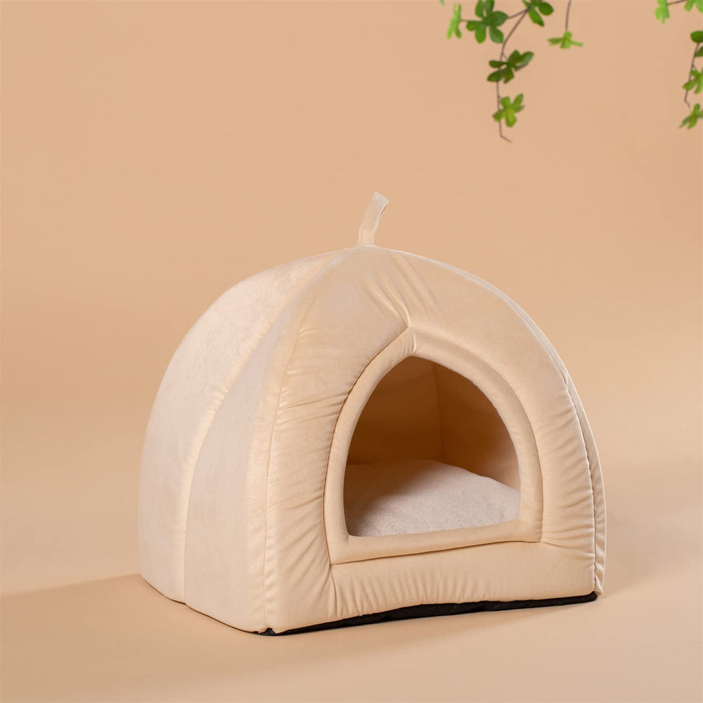 Light beige pet tent bed with arched entrance and plush cushioned interior