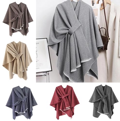 Women's fringe poncho shawl assortment in gray, beige, navy, brown, and burgundy