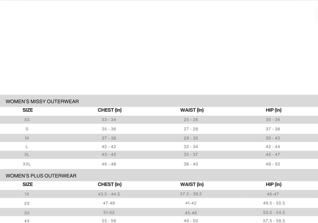 Size chart for women's missy and women's plus sherpa teddy outerwear