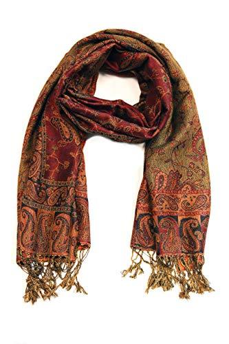 Rust and red paisley jacquard pashmina stole with fringes, open weave drape.