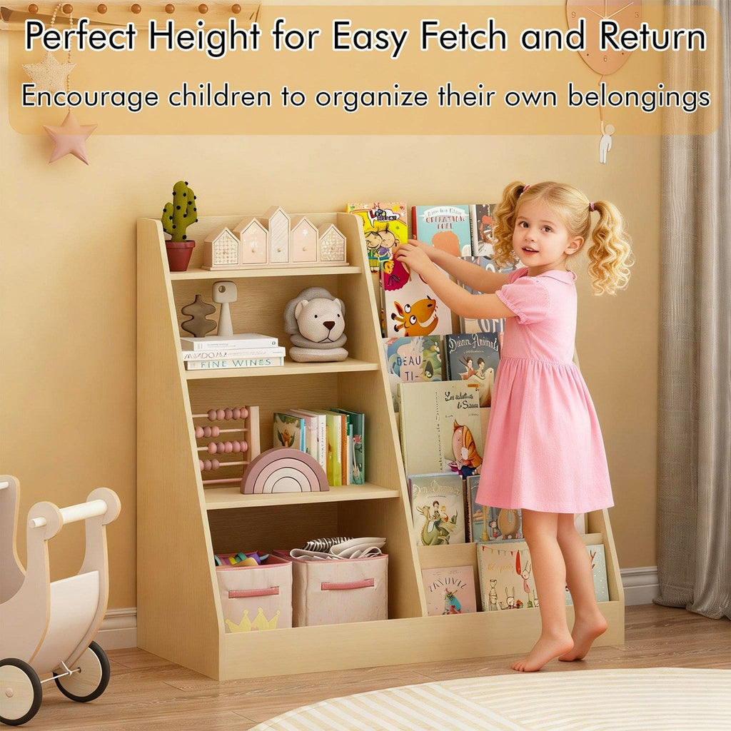 Light wood kids bookshelf organizer as a child reaches for books on the shelf
