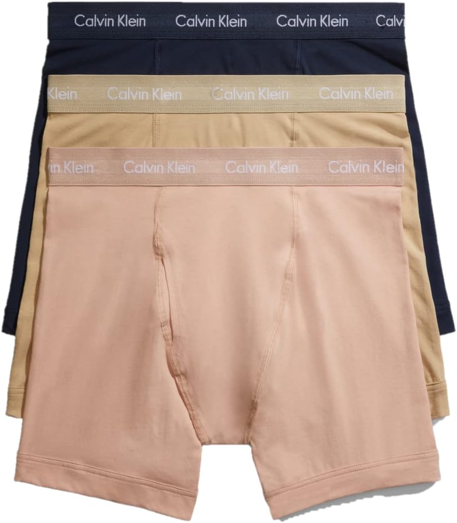 Men's Calvin Klein cotton stretch boxer briefs, tan and black 3-pack with logo waistband