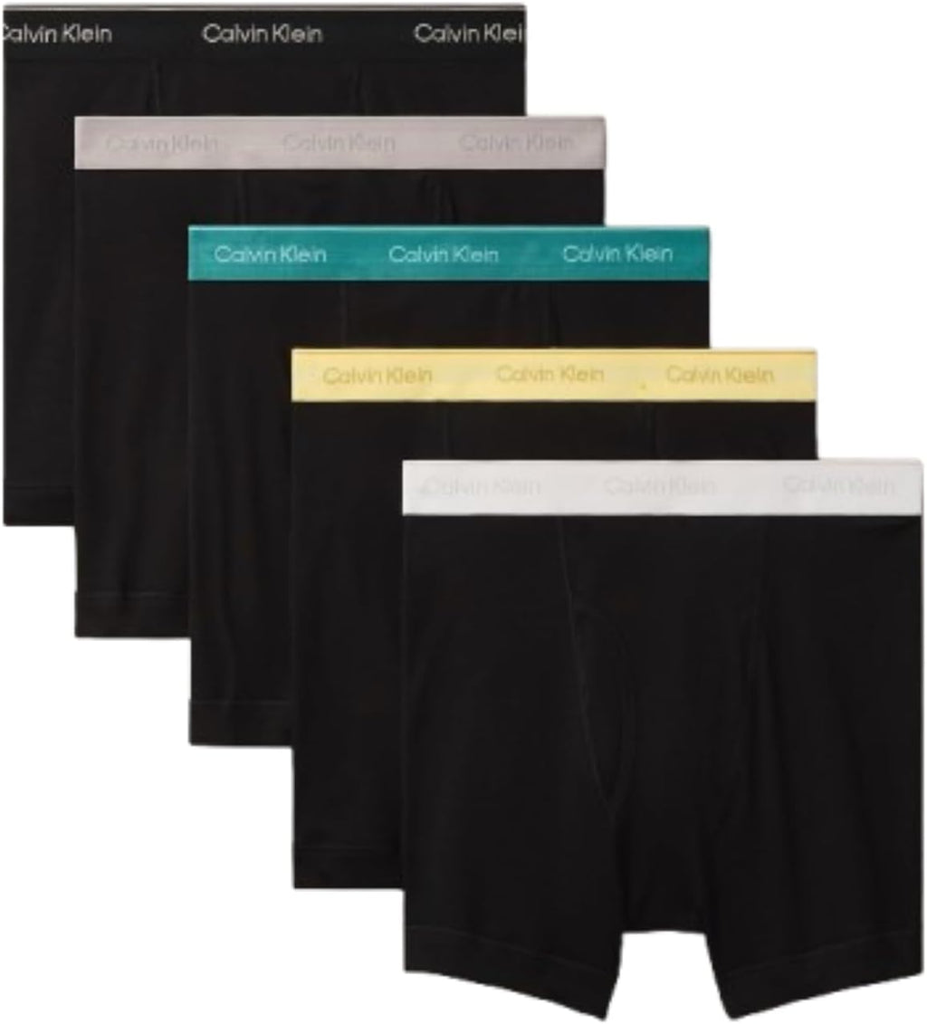 5-pack men's cotton boxer briefs in black with multi-color Calvin Klein logo waistbands