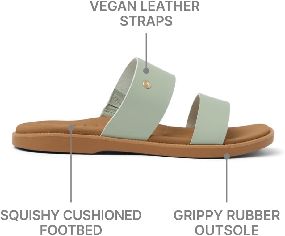 Women's mint slide sandals with vegan leather straps and grippy rubber outsole