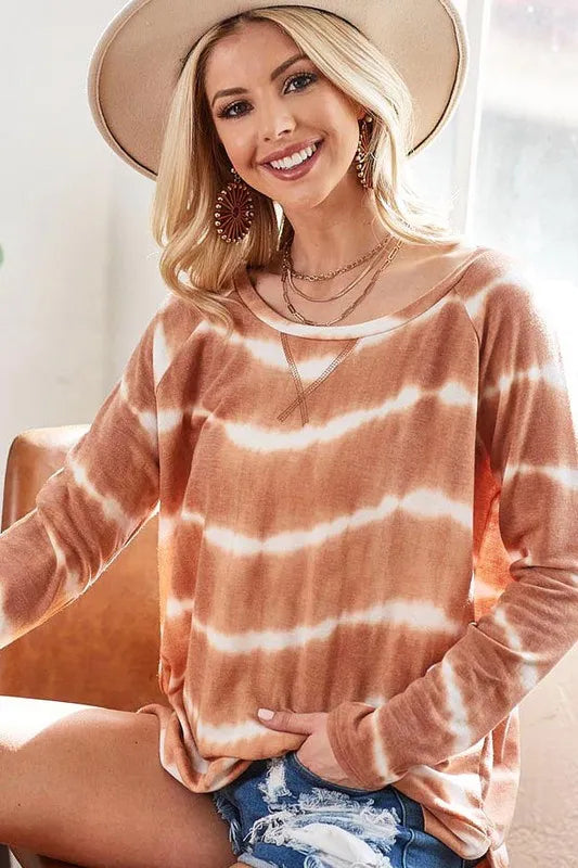 BiBi tie-dye French terry t-shirt in rust, long sleeves, crew neck front