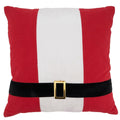 Front view of Santa belt throw pillow: red/white panels, black belt, gold buckle