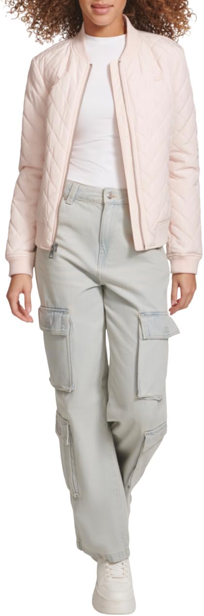 Levi's diamond-quilted bomber jacket, pale pink, front zip and stand collar