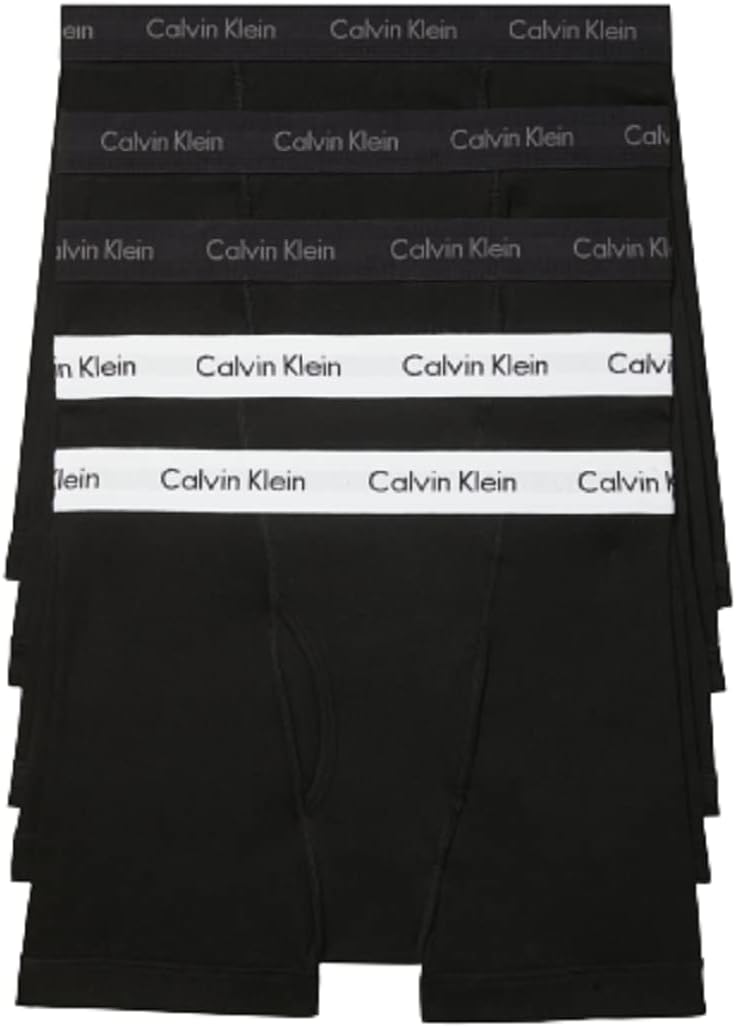 5-pack men's cotton boxer briefs in black with white and gray Calvin Klein logo waistbands