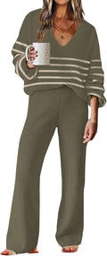 Two-piece knit lounge set in olive green: V-neck striped long-sleeve top and wide-leg pants