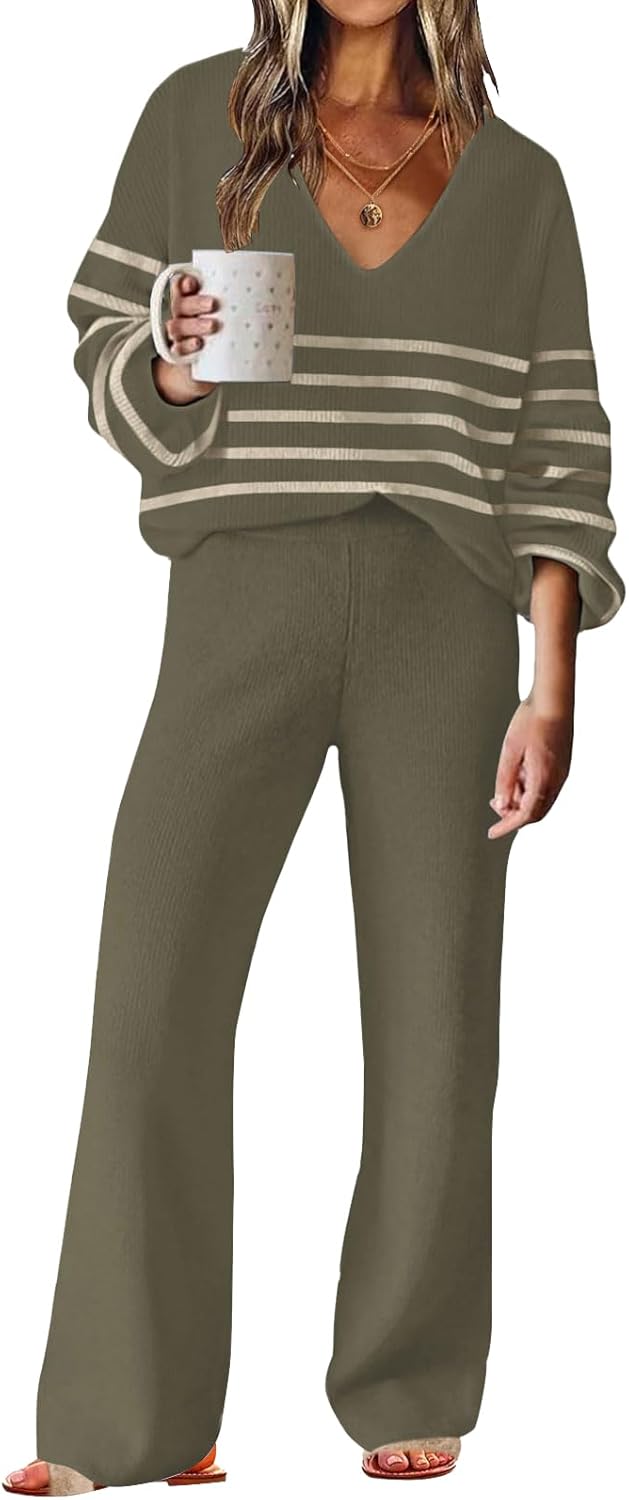 Two-piece knit lounge set in olive green: V-neck striped long-sleeve top and wide-leg pants