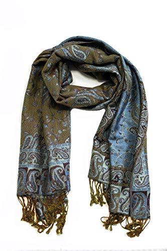 Dark jacquard paisley pashmina shawl with fringed ends in blue, tan, and gold