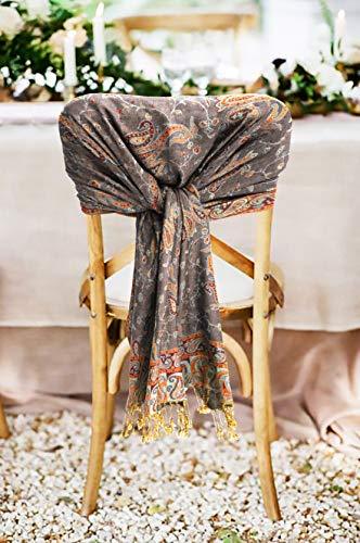 Paisley pashmina shawl wrap with tassel fringe, dark gray with gold accents.