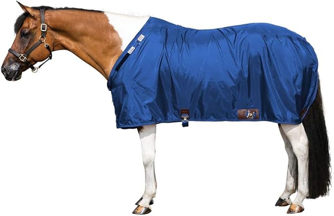 Blue horse stable sheet with front buckle and quilted chest panel