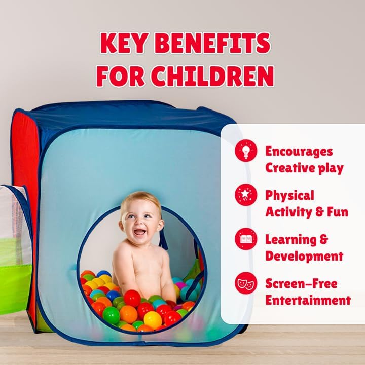Play tent with open mesh window and multicolor balls, baby sitting inside