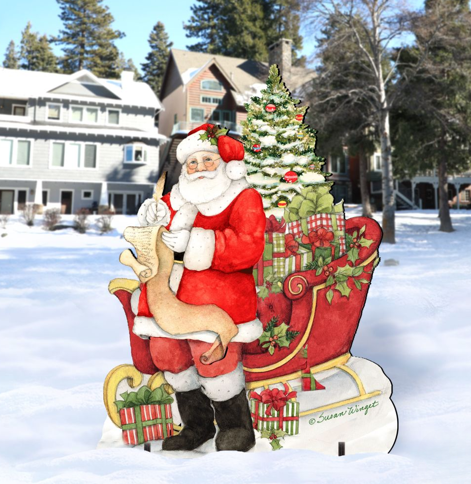 Christmas Santa yard sign with snowy tree and sled, colorful gift illustrations