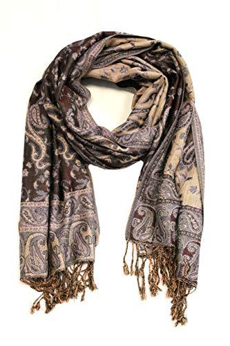 Taupe paisley pashmina shawl with dark brown motifs and fringed edges